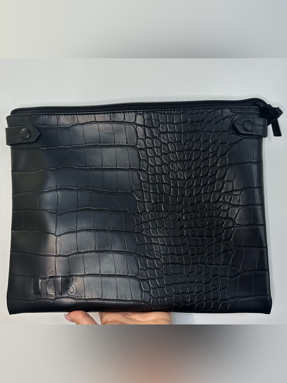BEIS Black Croc-Embossed Leather Laptop Sleeve